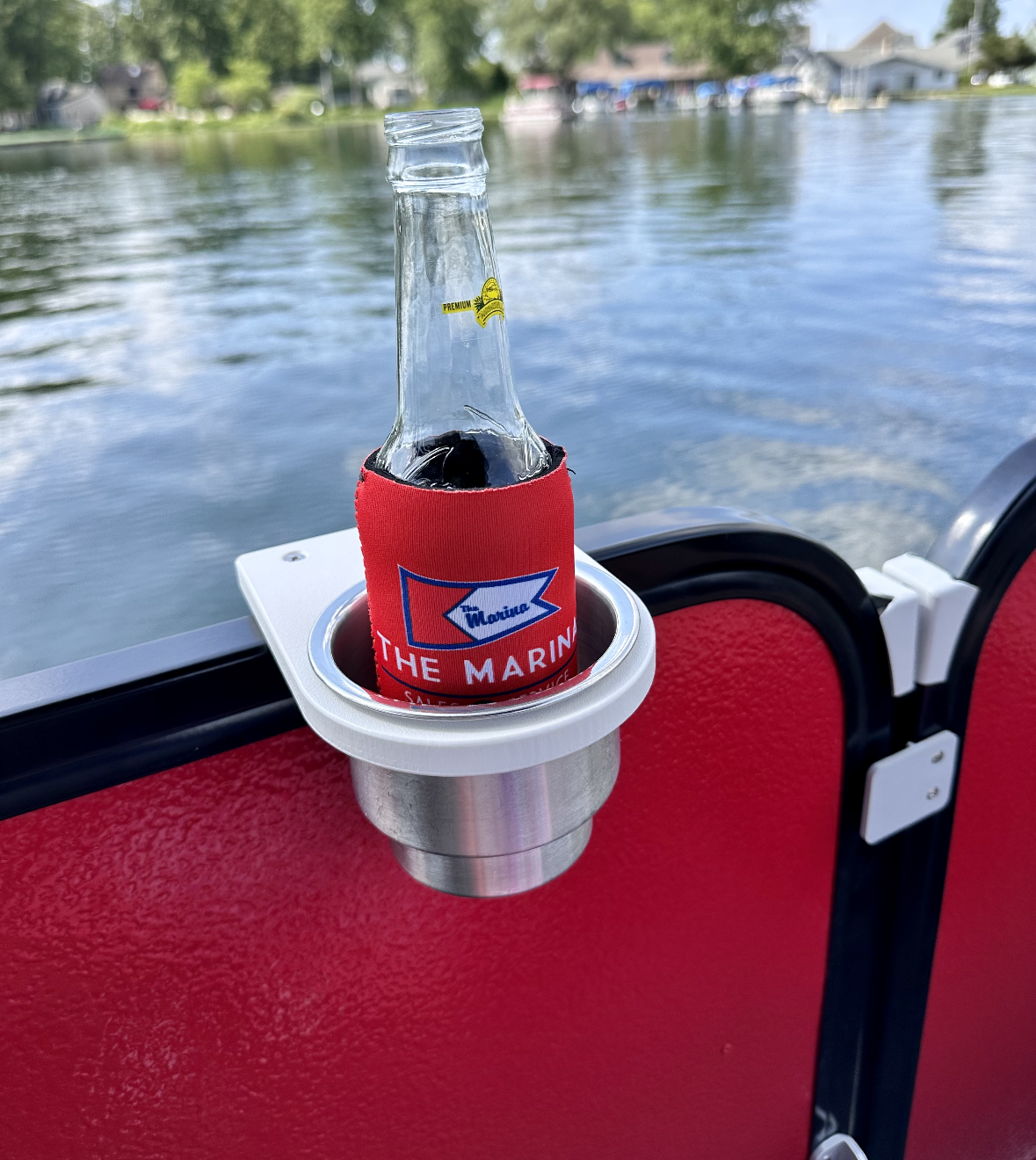 2 Pcs Pontoon Boat Cup Holder with beverage mounted on red pontoon rail